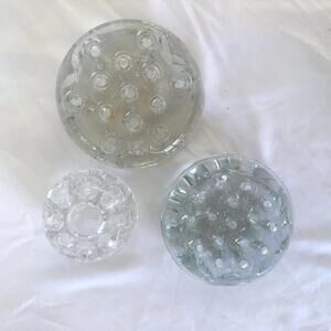 Vintage Heavy Glass Floral Arranger Set - 3 Piece Flower Frog Collection